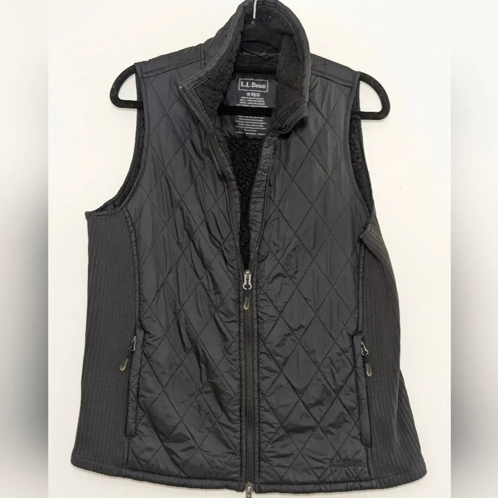 LL Bean Quilted Vest Medium Sherpa Lined Black Zip Gorp Core Classic Outdoor